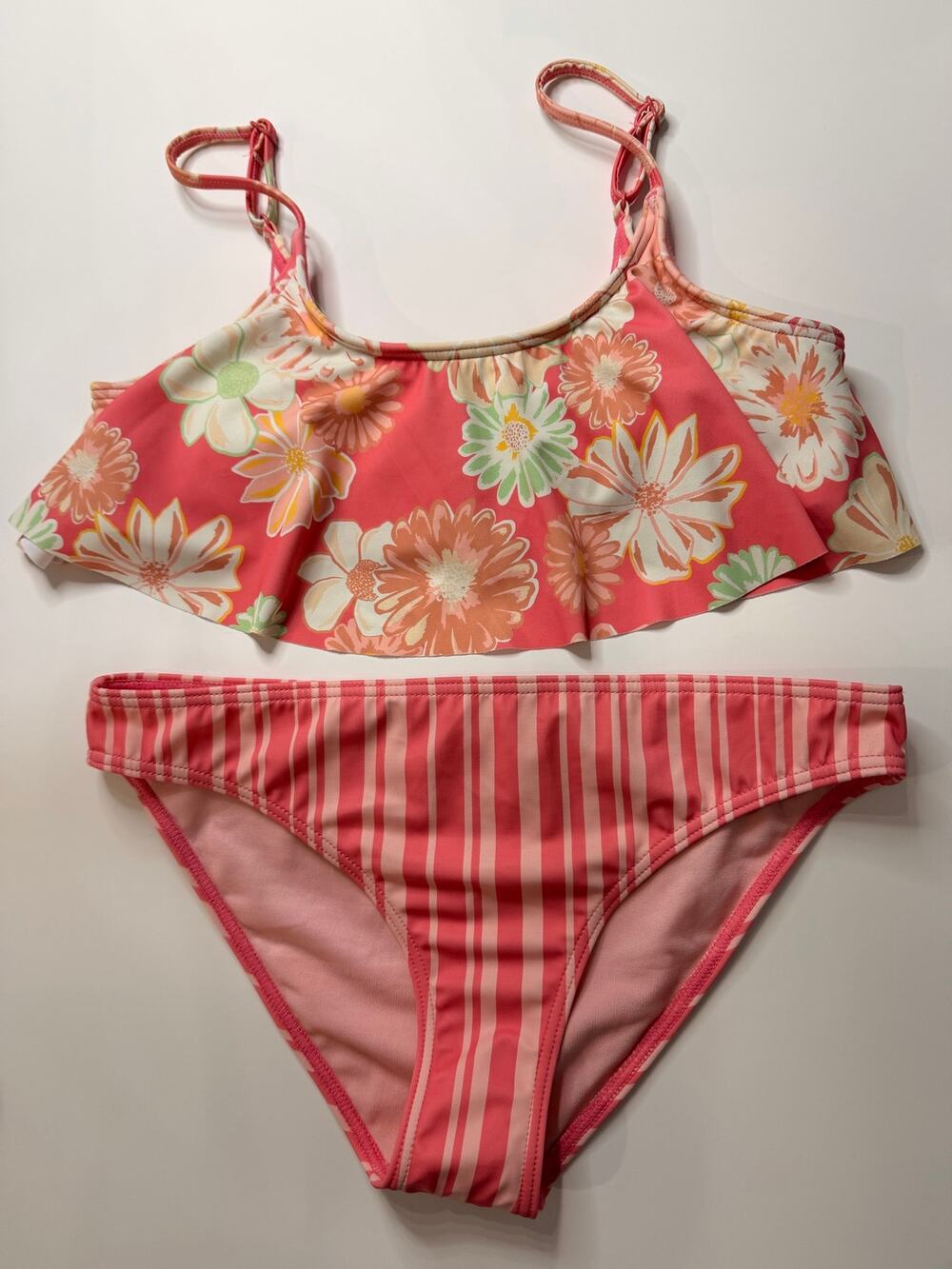 Roxy Girl Vintage Mood Floral Flutter Bikini Set Pink Striped Size 14 NWT